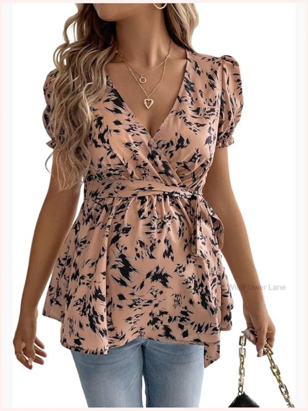 Women's Maternity Blouse Printed V Neck Puff Short Sleeve Ruffle Hem Knot Side
